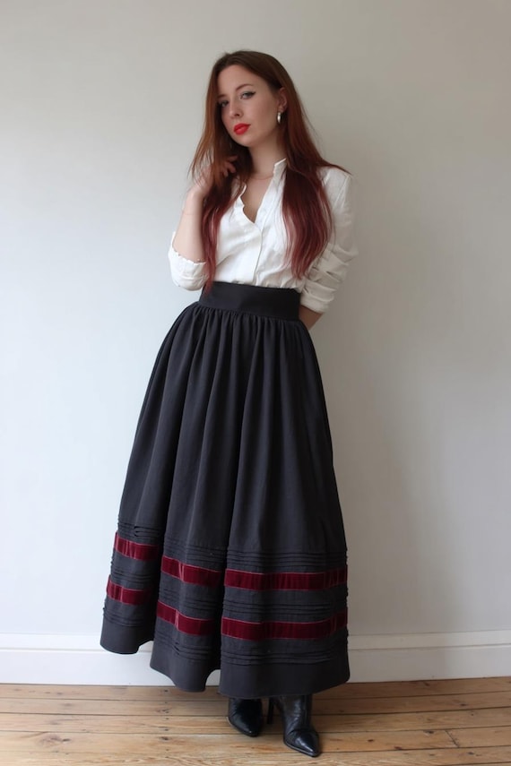 Black rayon skirt with velvet ribbon trim, dark academia mid calf skirt, festival outfit, gift for her