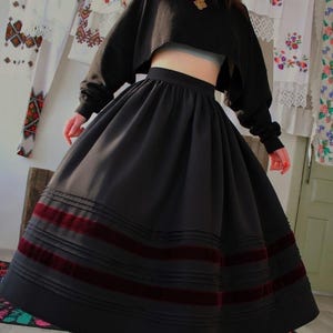 Handmade folk maxi skirt inspired by traditional European clothing, including Hungarian, Ukrainian, Romanian, Slovak, and Eastern European folk skirts. A versatile piece for boho maxi skirt looks, folk festival outfits, heritage-inspired fashion, slow fashion wardrobes, and handmade ethnic clothing.