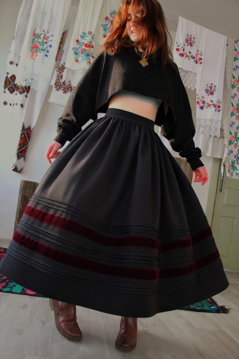 Handmade folk maxi skirt inspired by traditional European clothing, including Hungarian, Ukrainian, Romanian, Slovak, and Eastern European folk skirts. A versatile piece for boho maxi skirt looks, folk festival outfits, heritage-inspired fashion, slow fashion wardrobes, and handmade ethnic clothing.