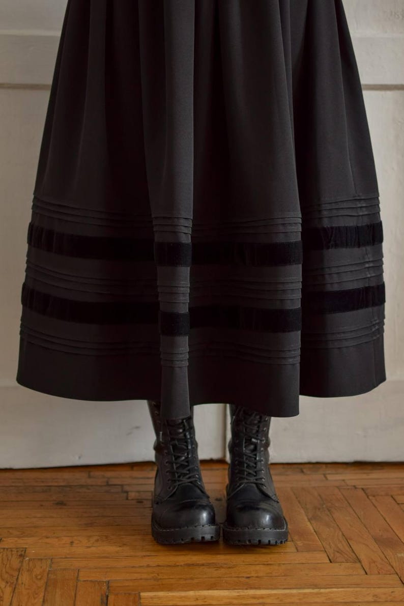 Black rayon skirt with velvet ribbon trim, dark academia mid calf skirt, festival outfit, gift for her image 10
