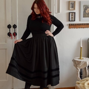 Black rayon skirt with velvet ribbon trim, dark academia mid calf skirt, festival outfit, gift for her image 15