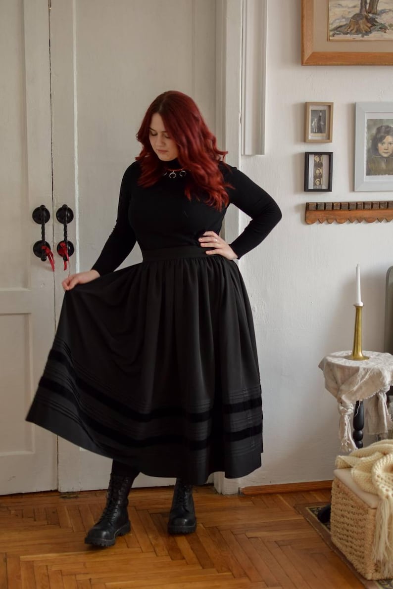 Black rayon skirt with velvet ribbon trim, dark academia mid calf skirt, festival outfit, gift for her image 15