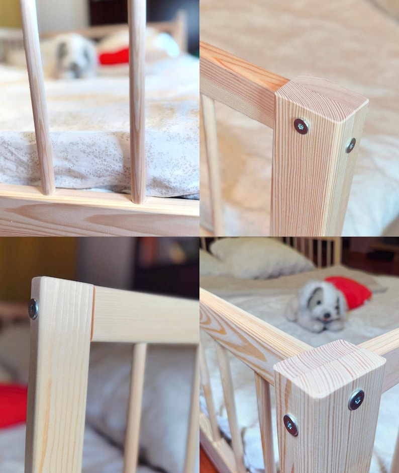 handcrafted kids bed with rails - smooth knot-free pine wood