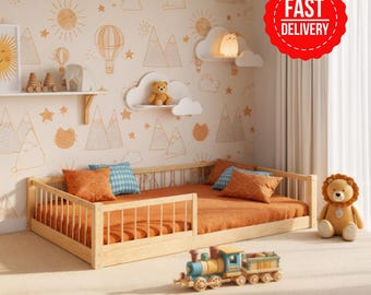 Montessori Floor Wooden Toddler Bed with Rails - Single bed frame - Safety Protection - Free Delivery