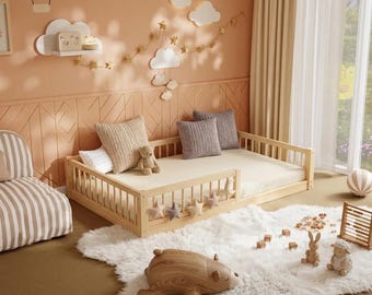Montessori Floor Toddler Bed with Safety Rails | Knot-Free Pine Wood | Low Profile | Independent Sleeping