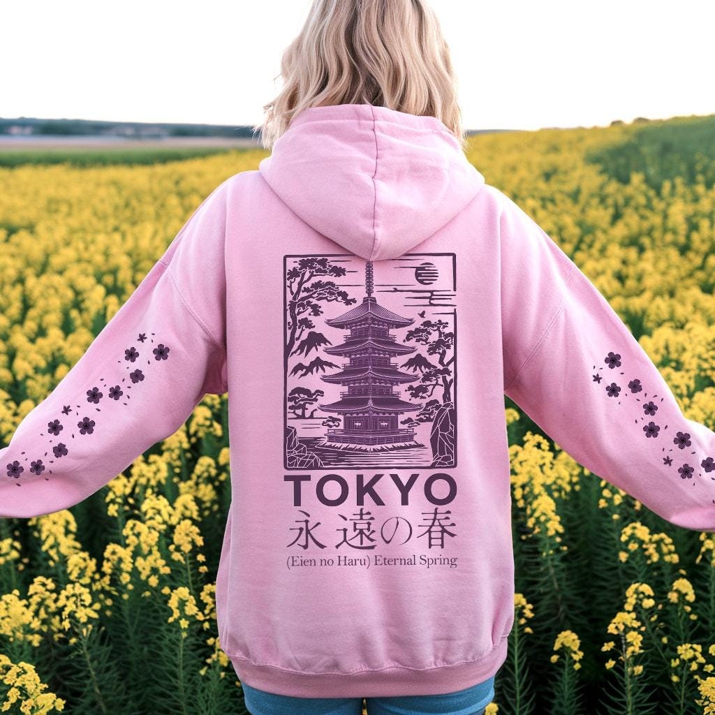Cozy Vintage Tokyo Sakura Hoodie, Aesthetic Asian Art Nouveau Japan Hooded Sweater, Retro Top Urban Unisex Spring Shirt Tokyo Ethnic Gift