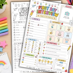 以下が含まれることがあります： 新学期初日のインタビュー用ワークシート。カラフルな見出しと、個人情報、お気に入り、二択の質問、学校での目標を記入するセクションがあり、アイコンや写真を貼るスペースも含まれています。