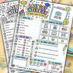 Last Day of School Interview Printable, End of Year Questionnaire, Kids Memory Sheet, Kindergarten Preschool Activity, Instant Download