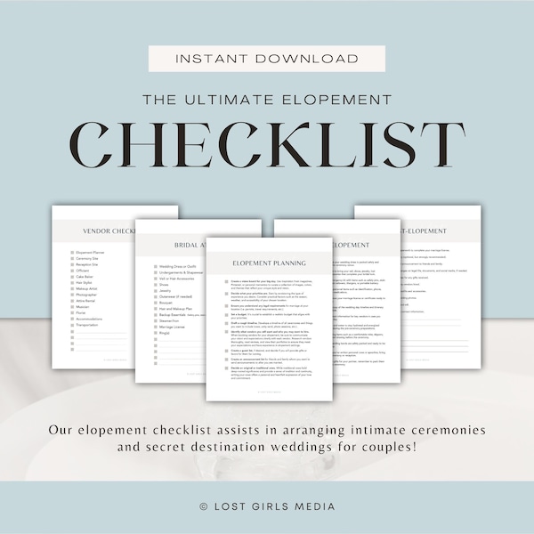 Elopement Checklist  | Instant Download Printable | Minimal Printable Eloping Checklist, Elope Checklist, Eloping Planner