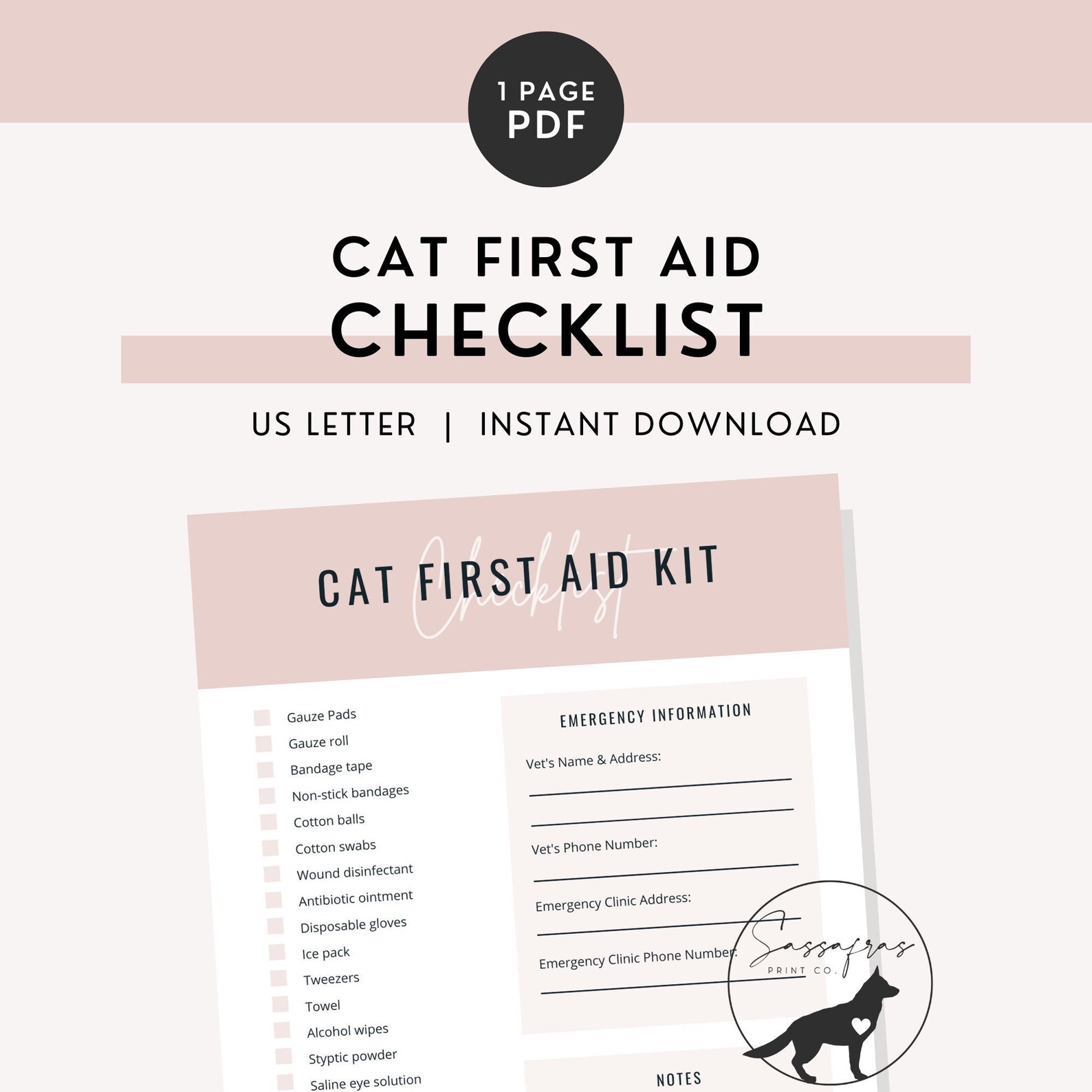Cat First Aid Kit Checklist INSTANT DOWNLOAD Minimal Printable Pet