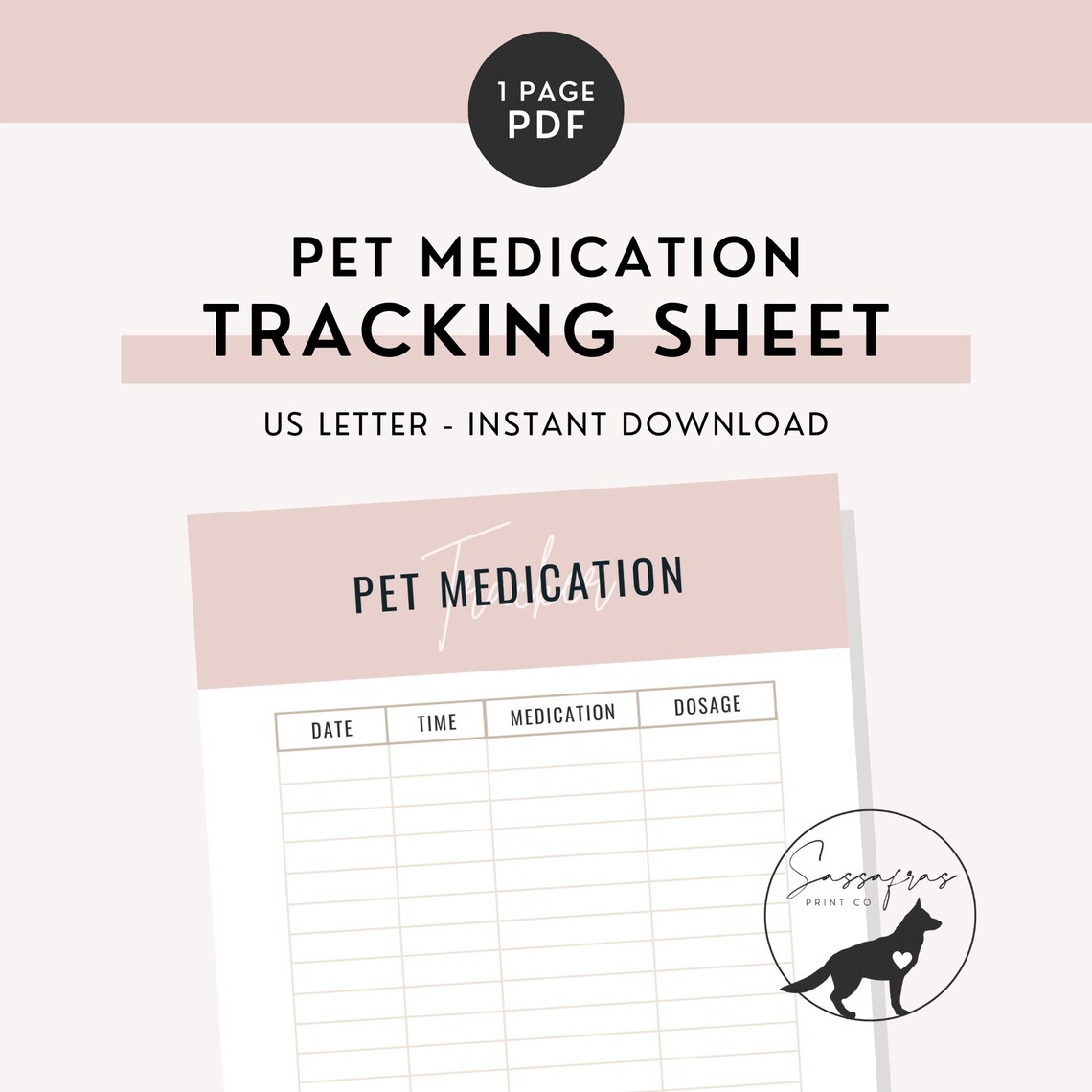 Pet medication tracking sheet instant download minimal printable pet