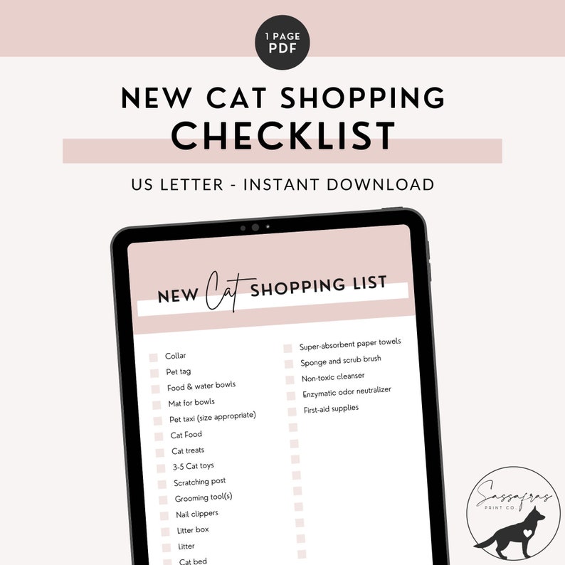 New Cat Shopping Checklist INSTANT DOWNLOAD Minimal Printable New Pet