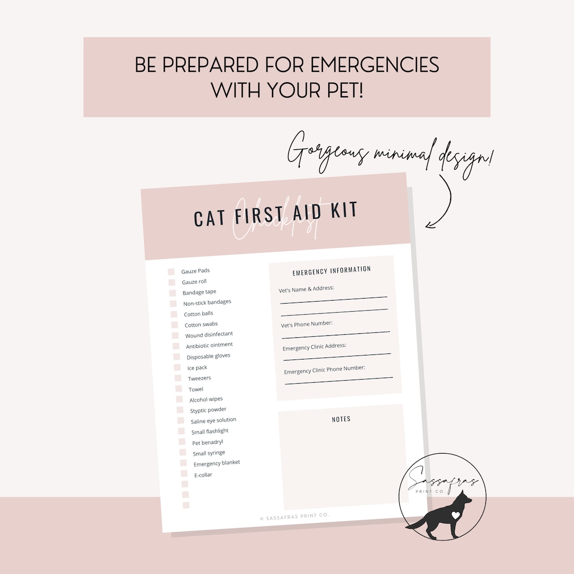 Cat First Aid Kit Checklist INSTANT DOWNLOAD Minimal Printable Pet
