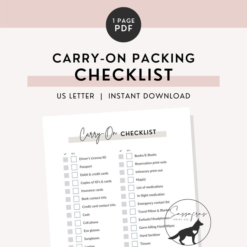 Printable Carryon Packing Checklist Minimal Printable Etsy