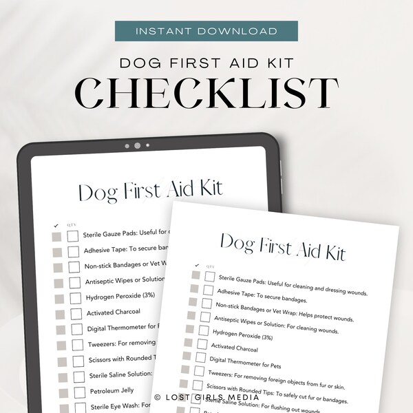 Dog First Aid Kit Checklist | Instant Download | Minimal Printable Pet Tracker, Dog Planner, Dog Checklist, New Dog Worksheet