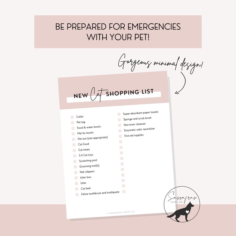 New Cat Shopping Checklist INSTANT DOWNLOAD Minimal Printable New Pet