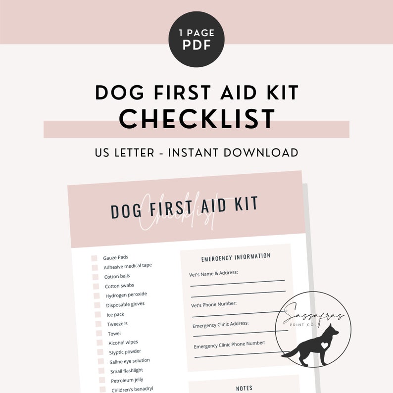 Dog First Aid Kit Checklist Instant Download Minimal Printable Pet