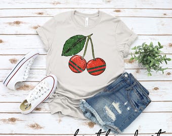 Cherries with Green and Red Ribbon T-shirt | Designer T-shirt