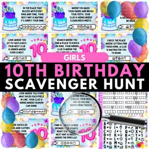 May include: A printable 10th birthday scavenger hunt game for girls. The game includes 10 clues with colorful balloons and cake illustrations. The clues are written in a fun and engaging way, making it a great activity for a birthday party.