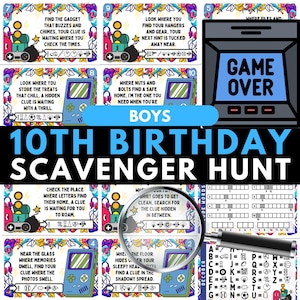 May include: A colorful printable scavenger hunt game for a 10th birthday party. The game features a retro video game theme with clues hidden around the house. The game includes a decoder and a game over card.