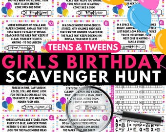May include: A colourful scavenger hunt game for girls' birthdays. The game includes 10 cards with clues and instructions. The cards feature a birthday cake and balloons. The game is designed for teens and tweens.