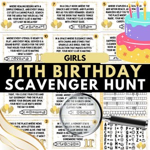 Puede incluir: Un juego de búsqueda del tesoro para un cumpleaños número 11. El juego incluye 11 pistas con detalles de purpurina dorada y un gráfico de pastel de cumpleaños. Las pistas están impresas en tarjetas blancas con texto negro.