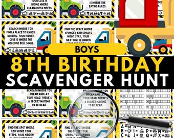 Boys 8th Birthday Scavenger Hunt for Kids, Indoor Printable Game, Puzzles, Family Fun, Treasure Hunt Activity, Gift Reveal, Riddles, Clues