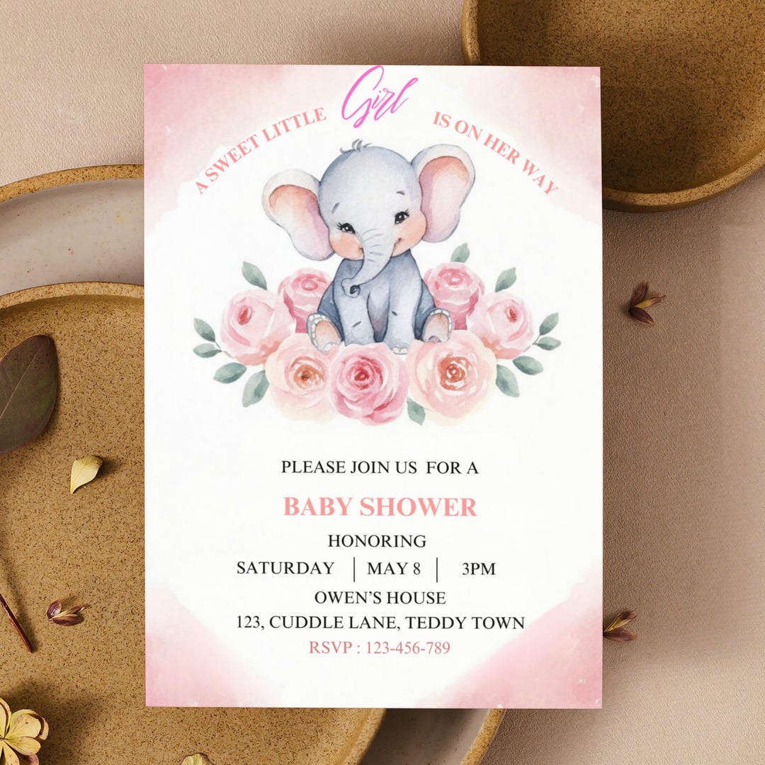EDITABLE Blush Pink Rose Gold Elephant Baby Shower Invitation Girl Baby ...
