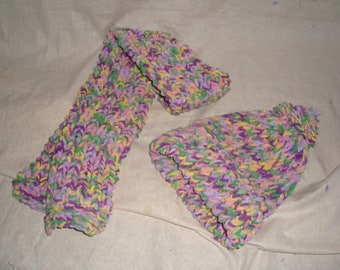 Childs Multicolor Handmade Knitted Scarf and Hat with Pompom Set