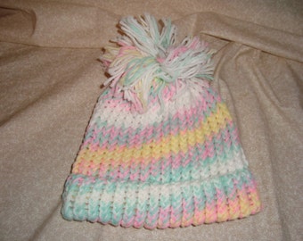 Handmade  Knitted Beanie Hat with Spring Colors and  a Tassel