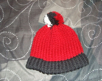 Handmade Knitted Red Black Beanie Hat With Pompom