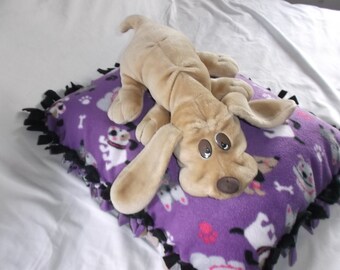 Handmade Fleece No Sew  Dog Bed Filled Purple with Puppies Design