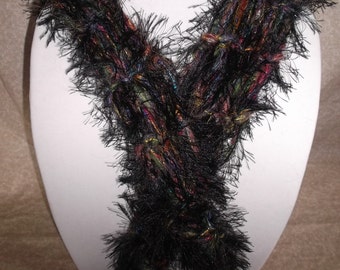 Handmade Knitted Scarf Black with Gold Multi Color Yarn 48" Long