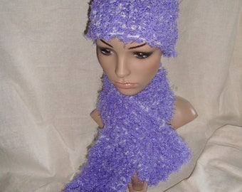 Girls Knitted Lavendar Scarf and Hat with Pompom Set