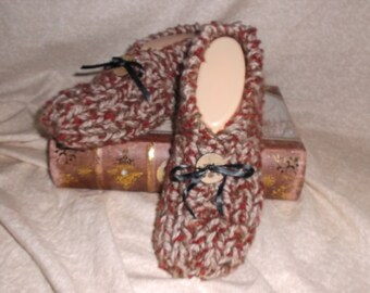 Women's Handmade Knitted Merlot and Tan Slippers Size 6,7, or 8