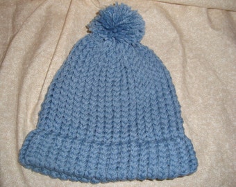Handmade Knitted Grayish Blue Beanie Hat  With Pompom