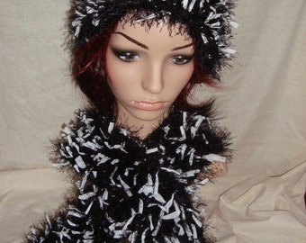 Womens Handmade Black and White Hat and Scarf set.