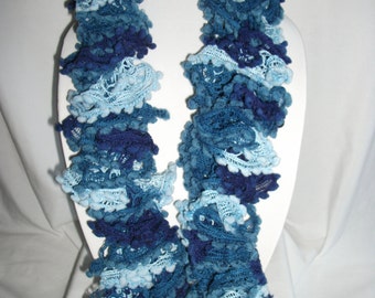 Knit Ruffle Scarf Multicolor Shades of Blue 45" Long