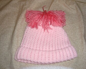 Knitted Pink Beanie Hat with Pink Tassel