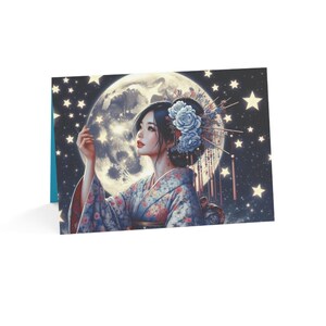 Moon and Girl Catching Stars Greeting Card: Celestial Stationery Set