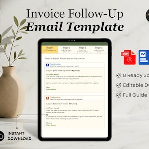 May include: A digital tablet displays an invoice follow-up email template. The screen shows a sample email with subject lines and body text. The image includes a PDF and Word document icon, and the text "Instant Download."