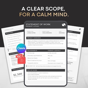 May include: A digital statement of work document template for Lumina Coffee featuring sections for project overview, deliverables, and out of scope items. The text reads A CLEAR SCOPE, FOR A CALM MIND, STATEMENT OF WORK, and includes a Canva logo icon.