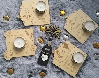 SVG file laser, New Year's Eve, lucky charm, New Year's Day, tealight holder, DIY, souvenir, lucky mushroom, four-leaf clover, lucky pig
