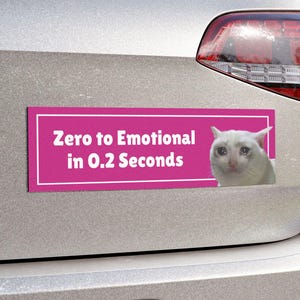 May include: A pink bumper sticker with white text that reads "Zero to Emotional in 0.2 Seconds." A meme of a crying white cat is on the right side of the sticker. The sticker is attached to the back of a silver car.