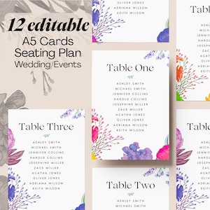 Modèle de plan de table élégant et fleuri – Modifiable sur Canva – Parfait pour mariages et événements – Carte A5 personnalisable