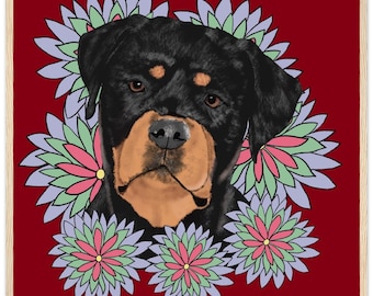 Framed Rottweiler & Florals Gouache Painting | Ready to Hang Pet Art Print