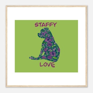 Staffy Love muurkunst | Staffordshire-bulterriër ingelijste print | Cadeau hondenliefhebber | Staffy aquarel poster | Decor huisdierportret