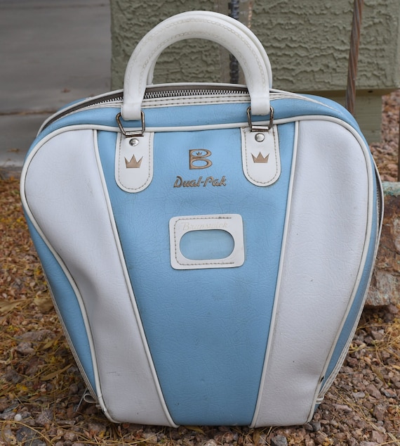 Vintage Black Faux Leather Bowling Bag With White Accents 