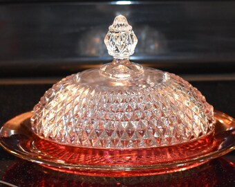 Butter dish pressed glass diamond ruby stain  Westmoreland English hobnail