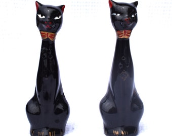 Vintage Black Redware Long Tall Siamese Cats Salt & Pepper Shakers Japan